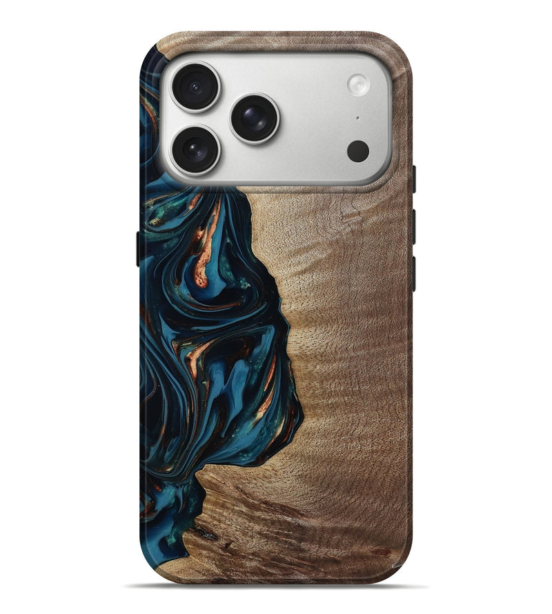 iPhone 17 Pro Max Wood Live Edge Phone Case - Weldon (Teal & Gold, 812198)