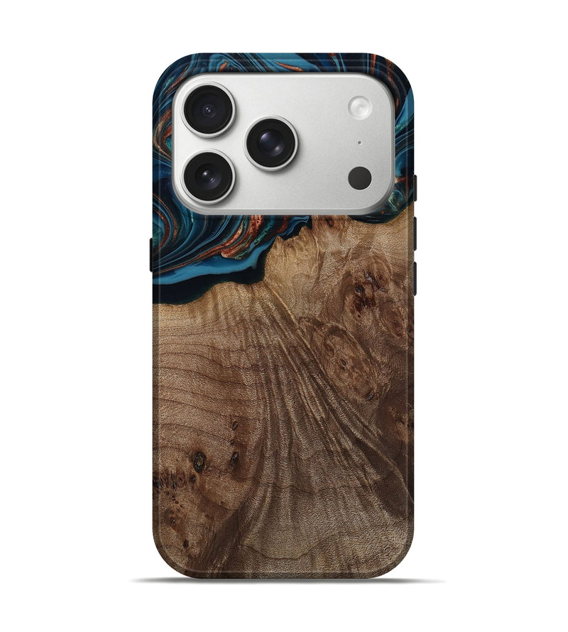 iPhone 17 Pro Wood Live Edge Phone Case - Yolanda (Teal & Gold, 812200)