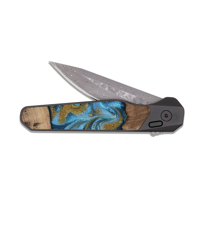 EDC Dark Damascus Wood Pocket Knife - Alene (Teal & Gold, 812277)