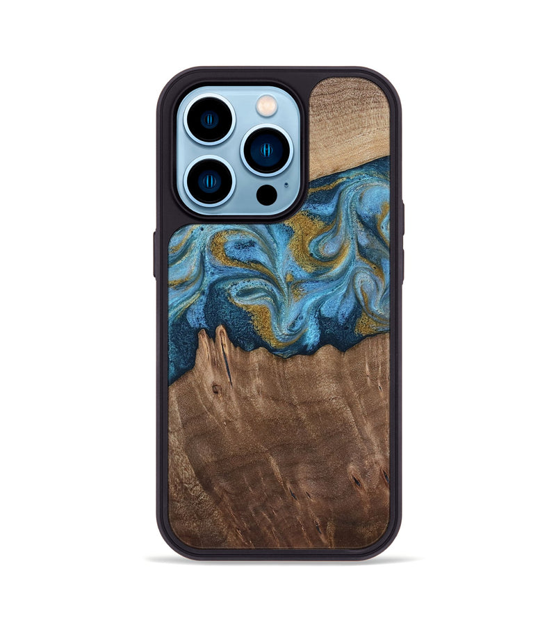 iPhone 14 Pro Wood Phone Case - Alene (Teal & Gold, 812277)