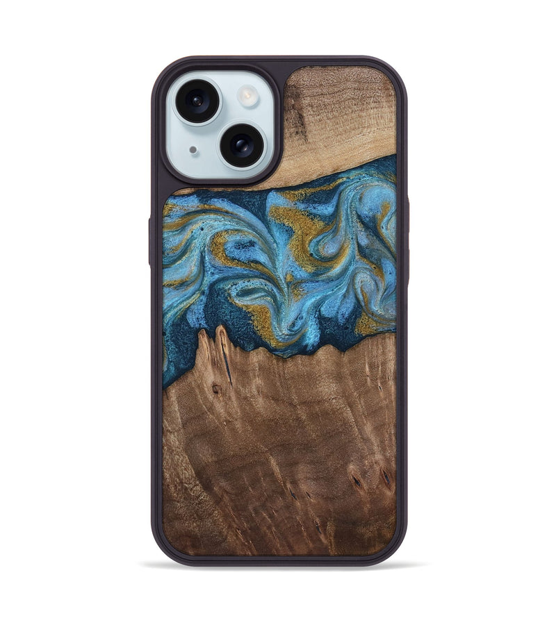 iPhone 15 Wood Phone Case - Alene (Teal & Gold, 812277)