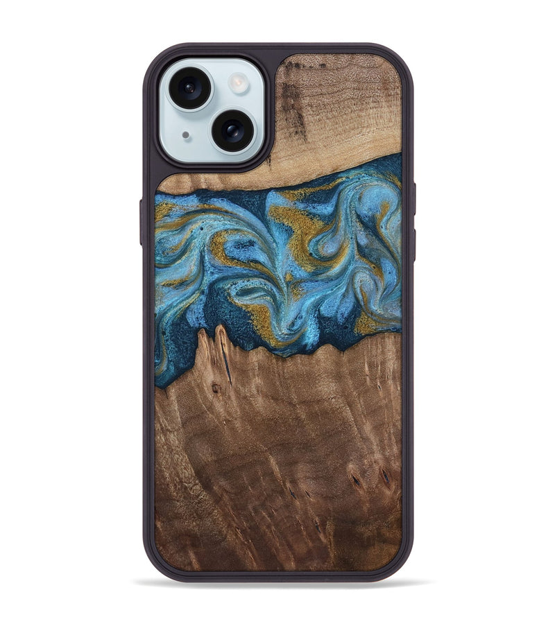 iPhone 15 Plus Wood Phone Case - Alene (Teal & Gold, 812277)