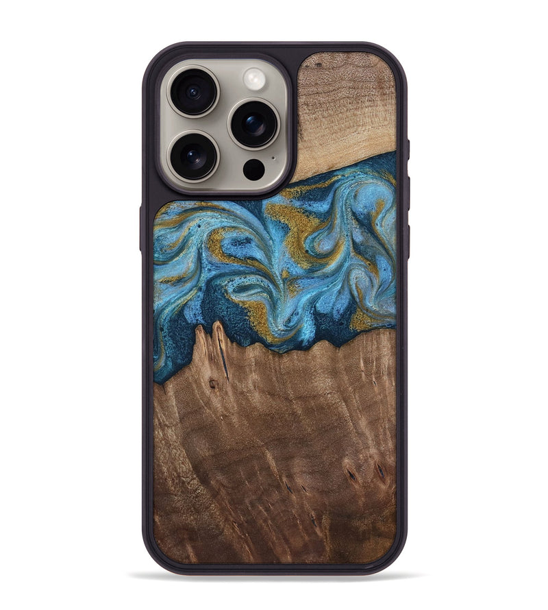 iPhone 15 Pro Max Wood Phone Case - Alene (Teal & Gold, 812277)