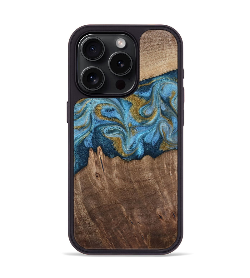 iPhone 15 Pro Wood Phone Case - Alene (Teal & Gold, 812277)