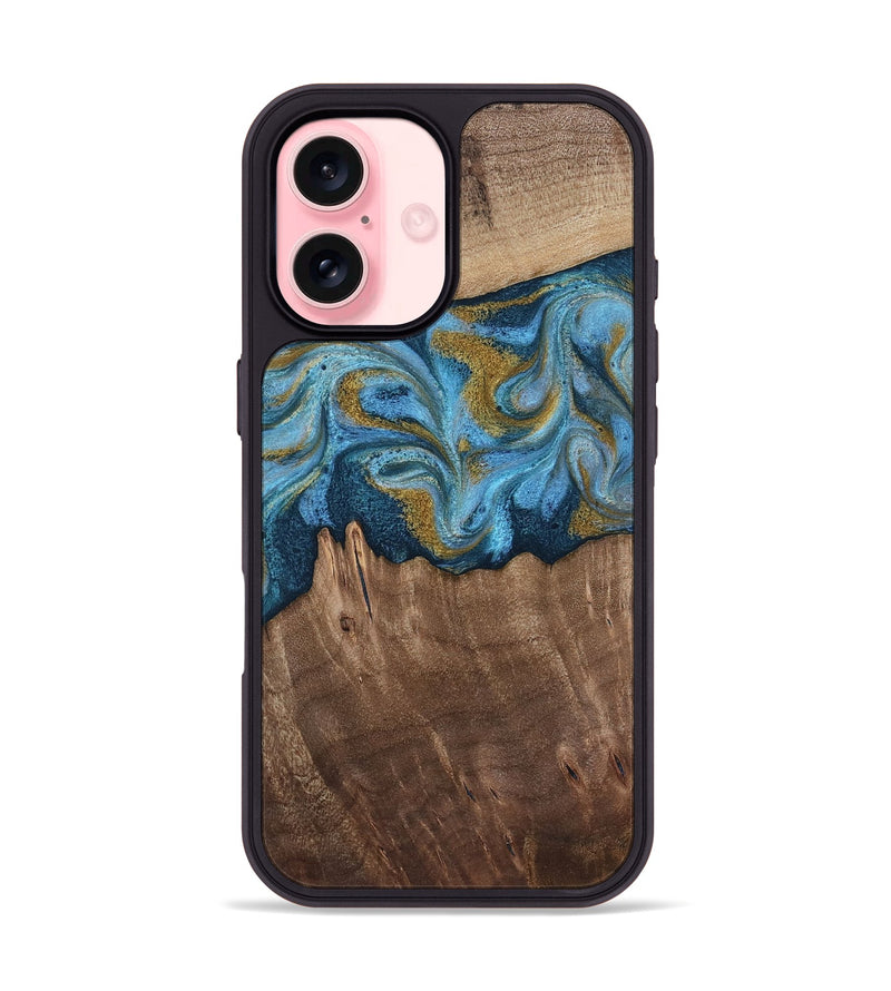 iPhone 16 Wood Phone Case - Alene (Teal & Gold, 812277)