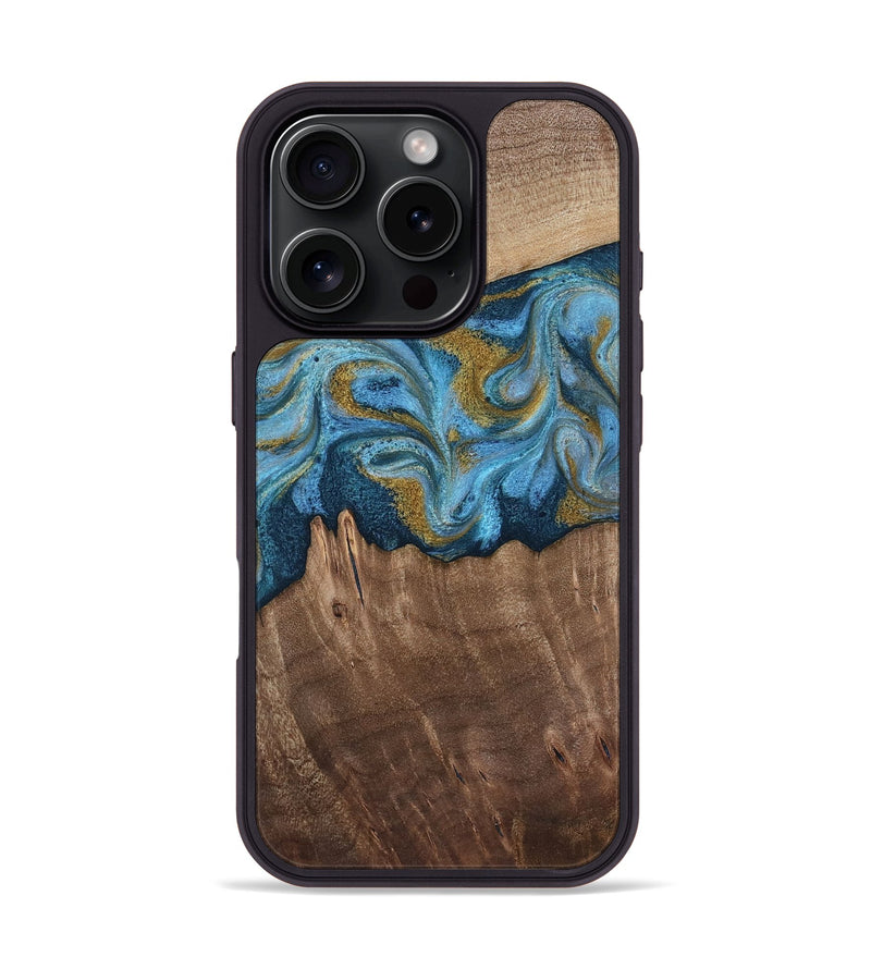 iPhone 16 Pro Wood Phone Case - Alene (Teal & Gold, 812277)