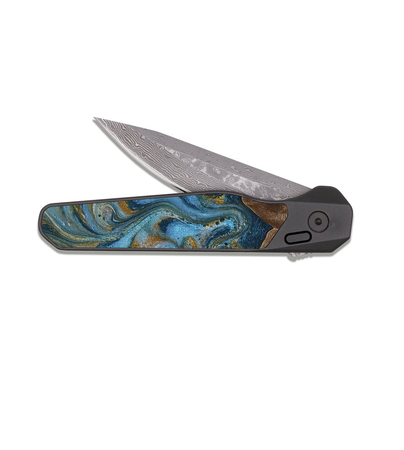 EDC Dark Damascus Wood Pocket Knife - Jeffery (Teal & Gold, 812337)