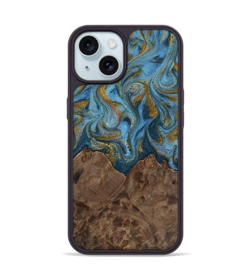 iPhone 15 Wood Phone Case - Jeffery (Teal & Gold, 812337)