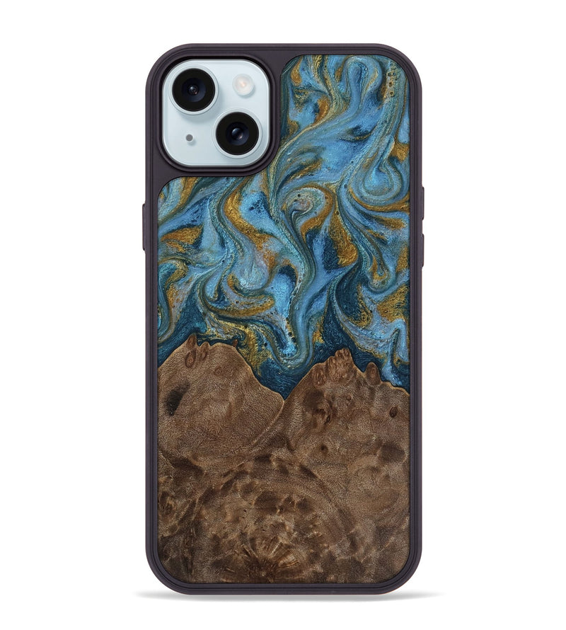 iPhone 15 Plus Wood Phone Case - Jeffery (Teal & Gold, 812337)