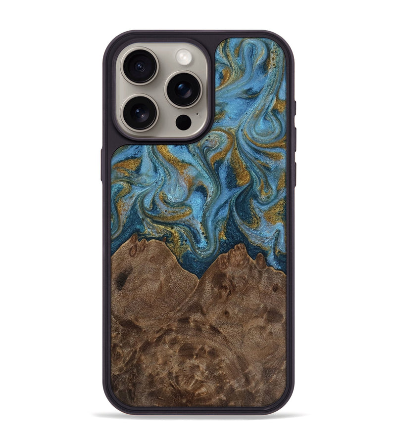 iPhone 15 Pro Max Wood Phone Case - Jeffery (Teal & Gold, 812337)