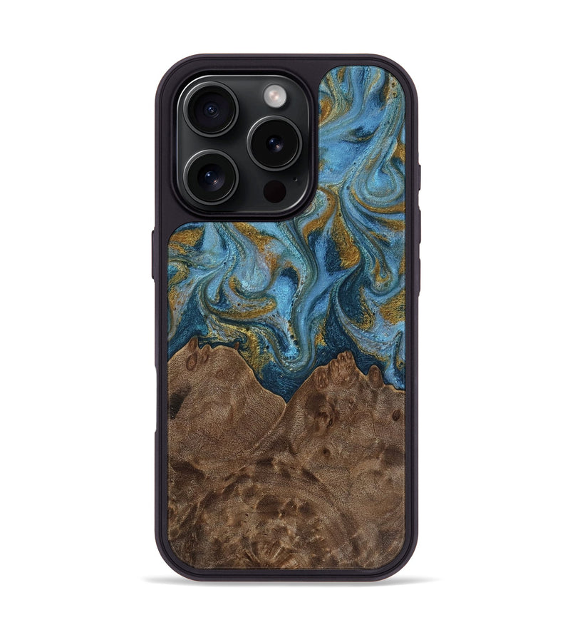 iPhone 16 Pro Wood Phone Case - Jeffery (Teal & Gold, 812337)