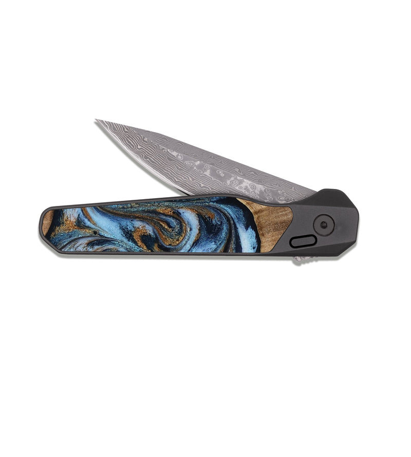 EDC Dark Damascus Wood Pocket Knife - Kasey (Teal & Gold, 812448)