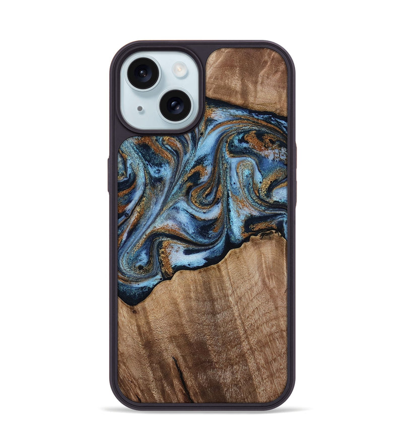 iPhone 15 Wood Phone Case - Kasey (Teal & Gold, 812448)
