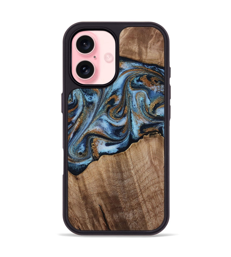 iPhone 16 Wood Phone Case - Kasey (Teal & Gold, 812448)