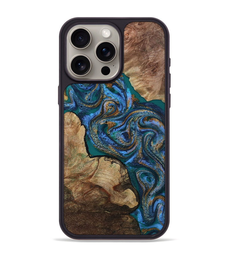 iPhone 15 Pro Max Wood Phone Case - Adelard (Teal & Gold, 812450)