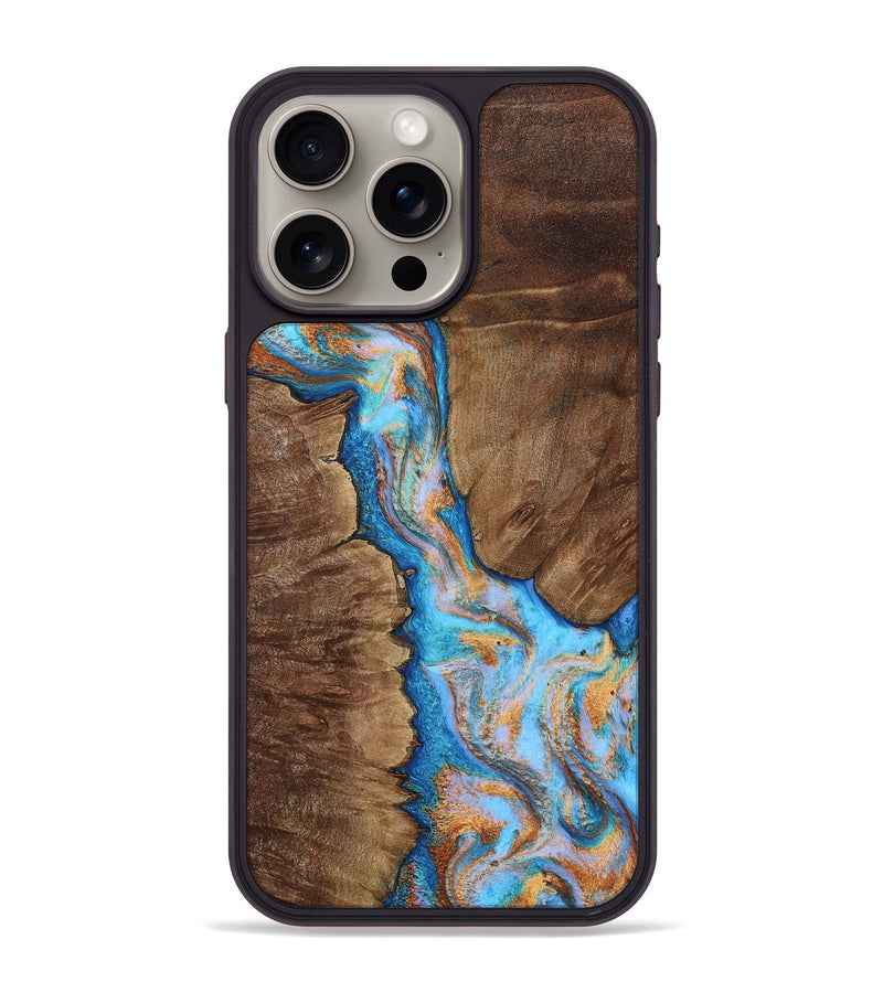 iPhone 15 Pro Max Wood Phone Case - Julien (Teal & Gold, 812451)