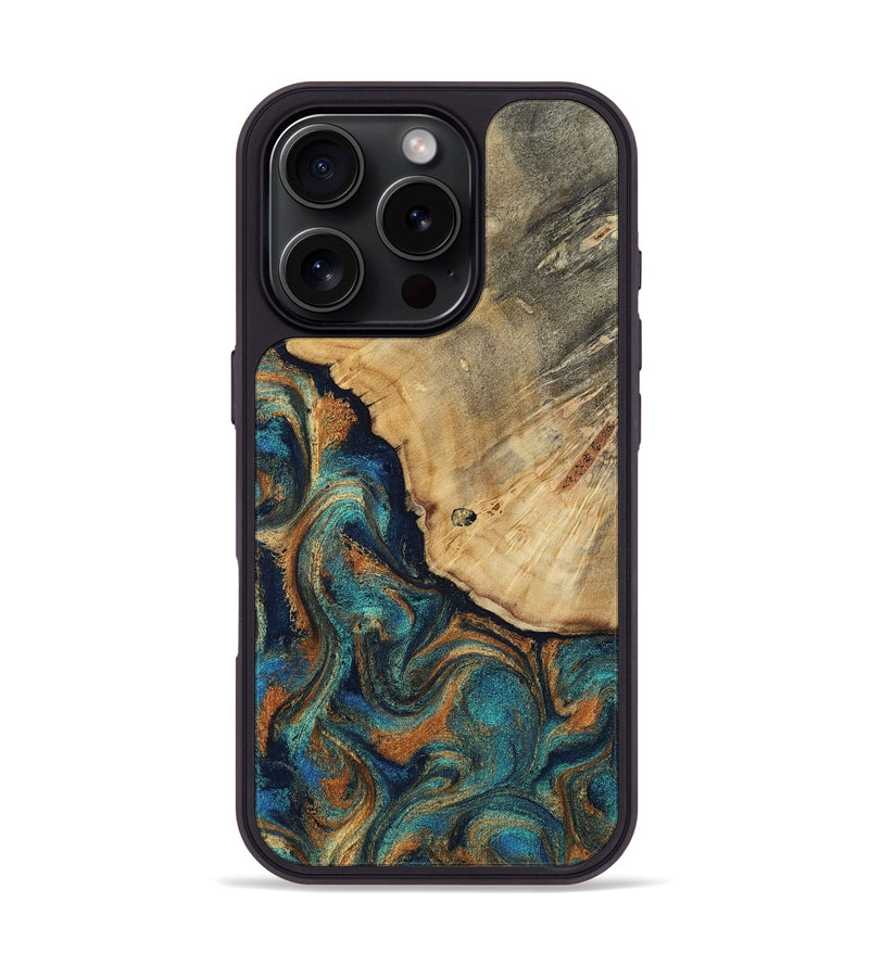 iPhone 16 Pro Wood Phone Case - Jazlynn (Teal & Gold, 812453)