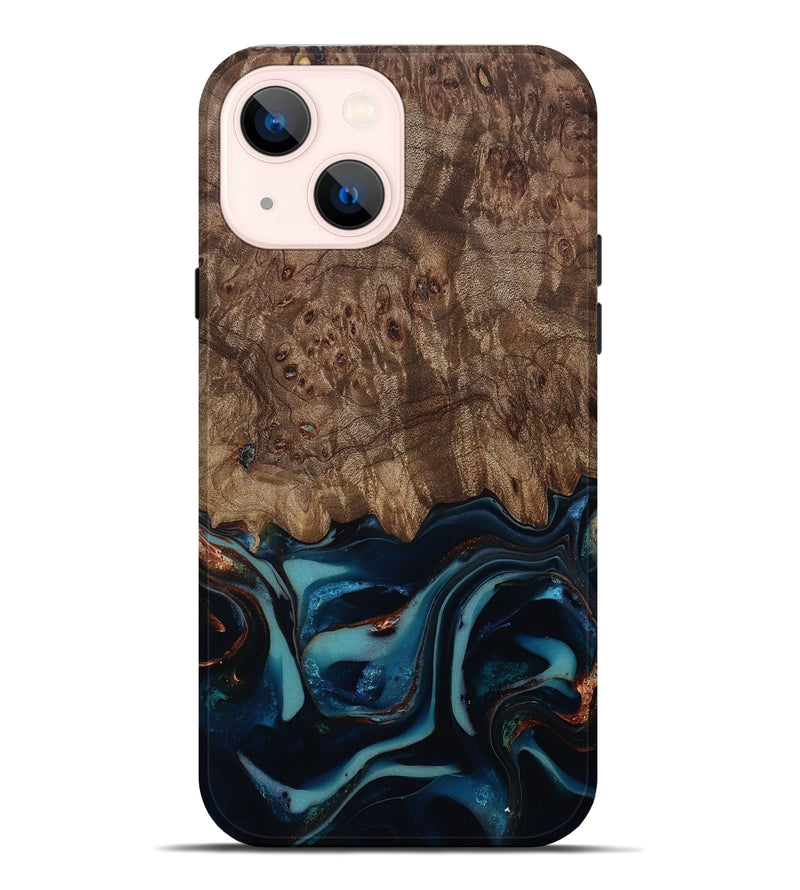 iPhone 14 Plus Wood Live Edge Phone Case - Monika (Teal & Gold, 812544)