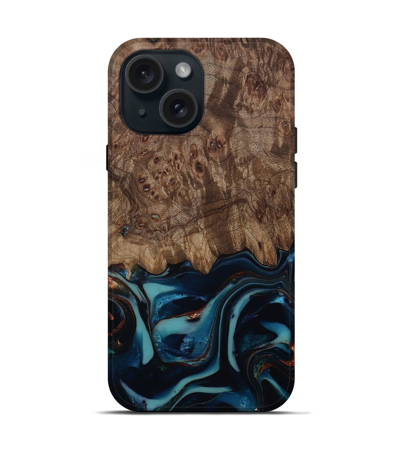 iPhone 15 Wood Live Edge Phone Case - Monika (Teal & Gold, 812544)