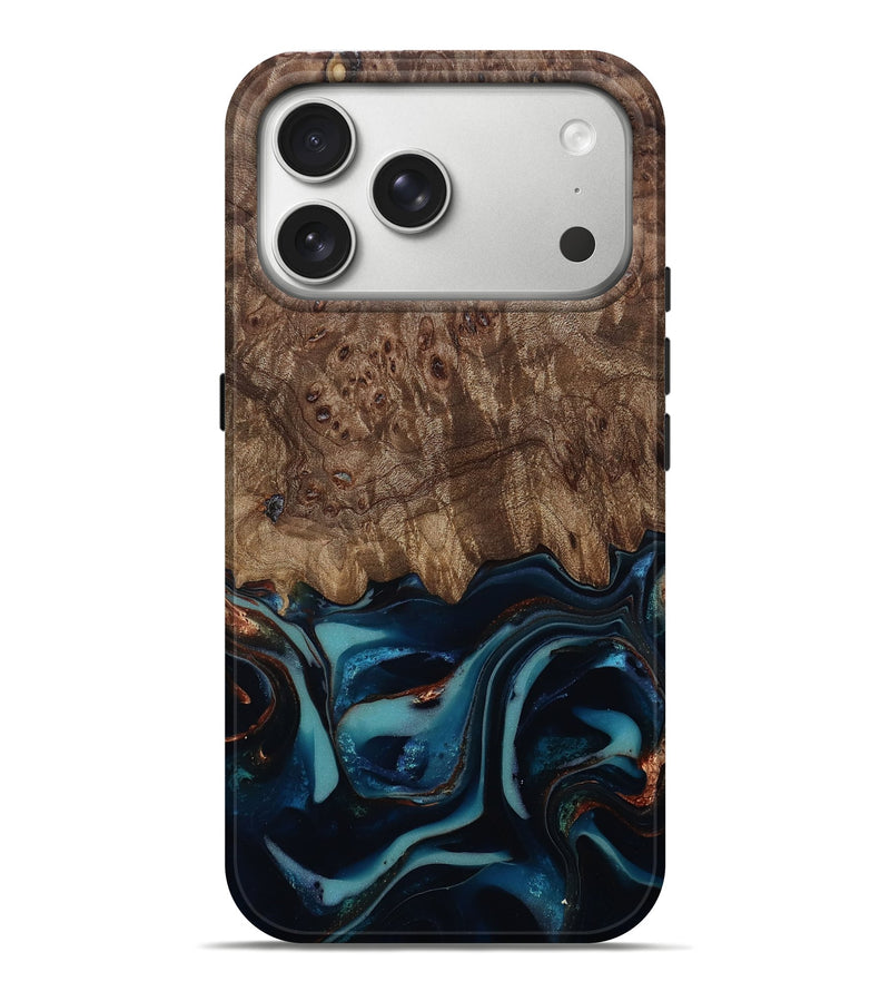 iPhone 17 Pro Max Wood Live Edge Phone Case - Monika (Teal & Gold, 812544)