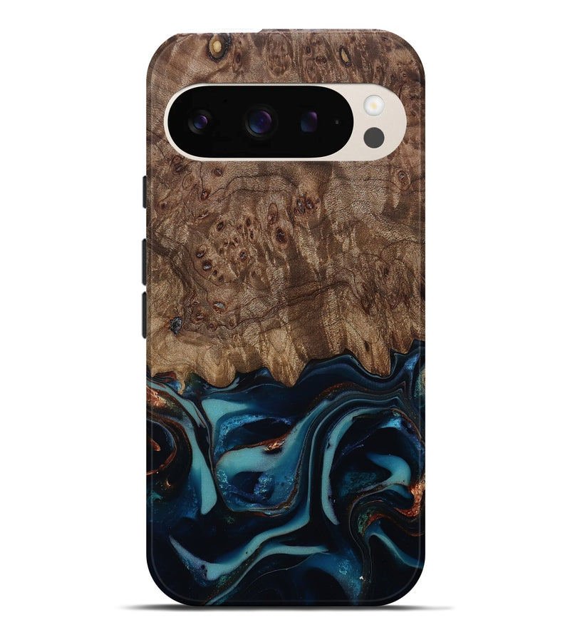 Pixel 9 Pro XL Wood Live Edge Phone Case - Monika (Teal & Gold, 812544)