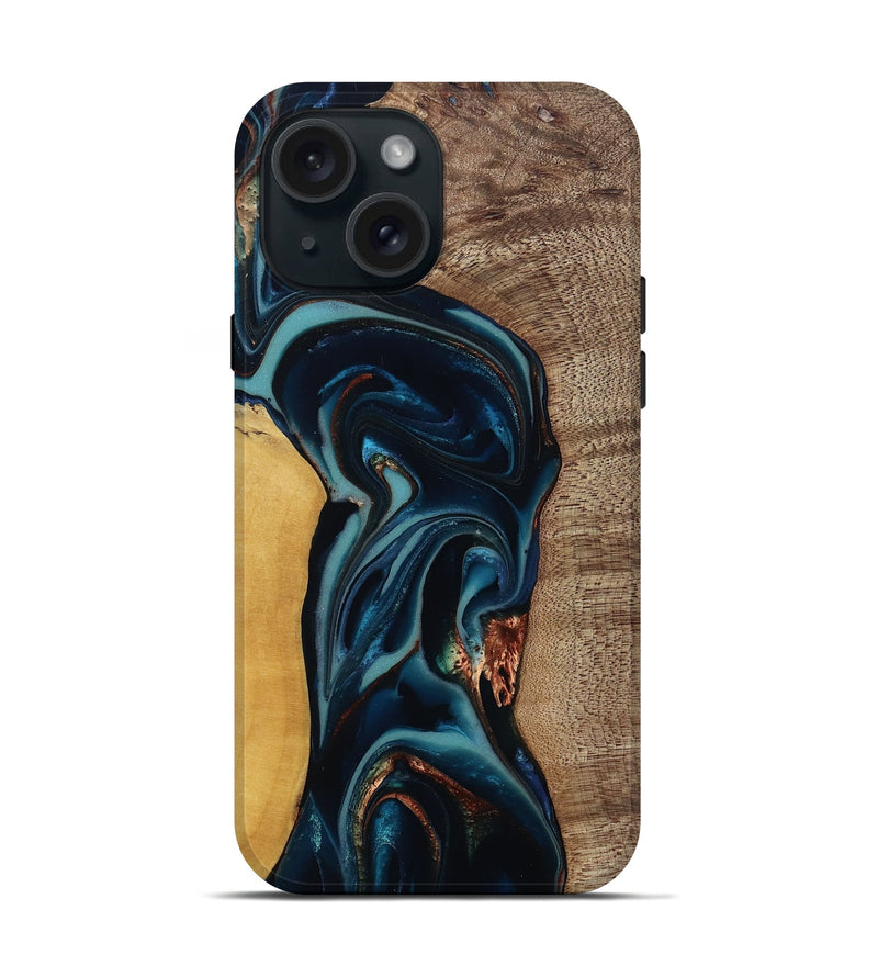 iPhone 15 Wood Live Edge Phone Case - Ezekiel (Teal & Gold, 812562)