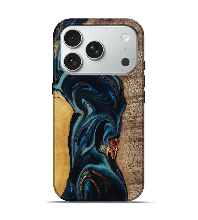 iPhone 18 Pro Wood Live Edge Phone Case - Ezekiel (Teal & Gold, 812562)