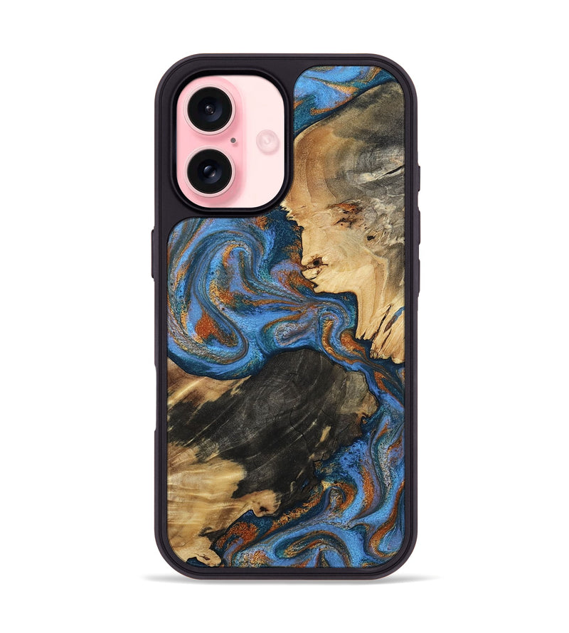 iPhone 16 Wood Phone Case - Jovani (Teal & Gold, 812667)