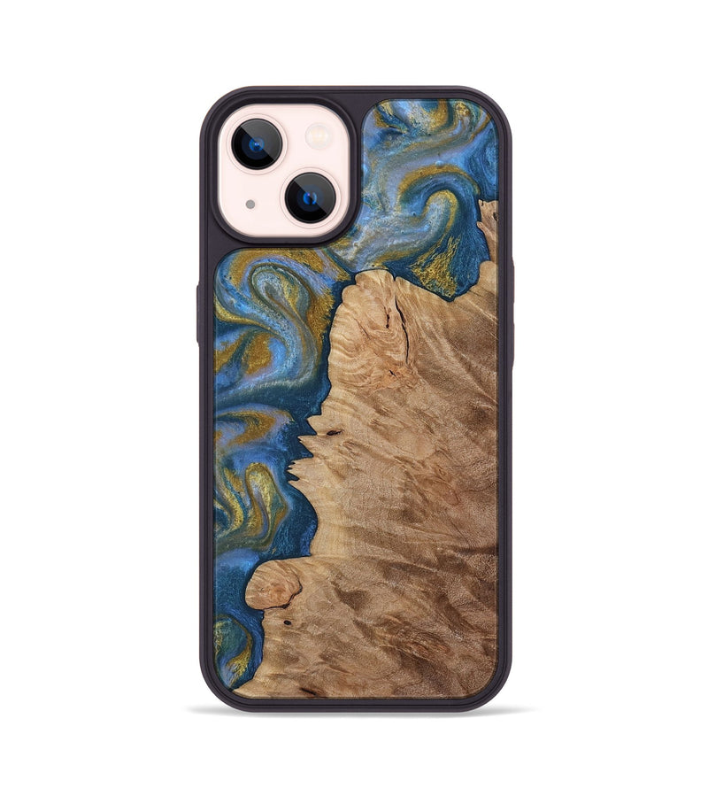 iPhone 14 Wood Phone Case - Hermon (Teal & Gold, 812769)
