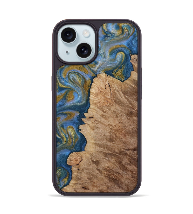 iPhone 15 Wood Phone Case - Hermon (Teal & Gold, 812769)
