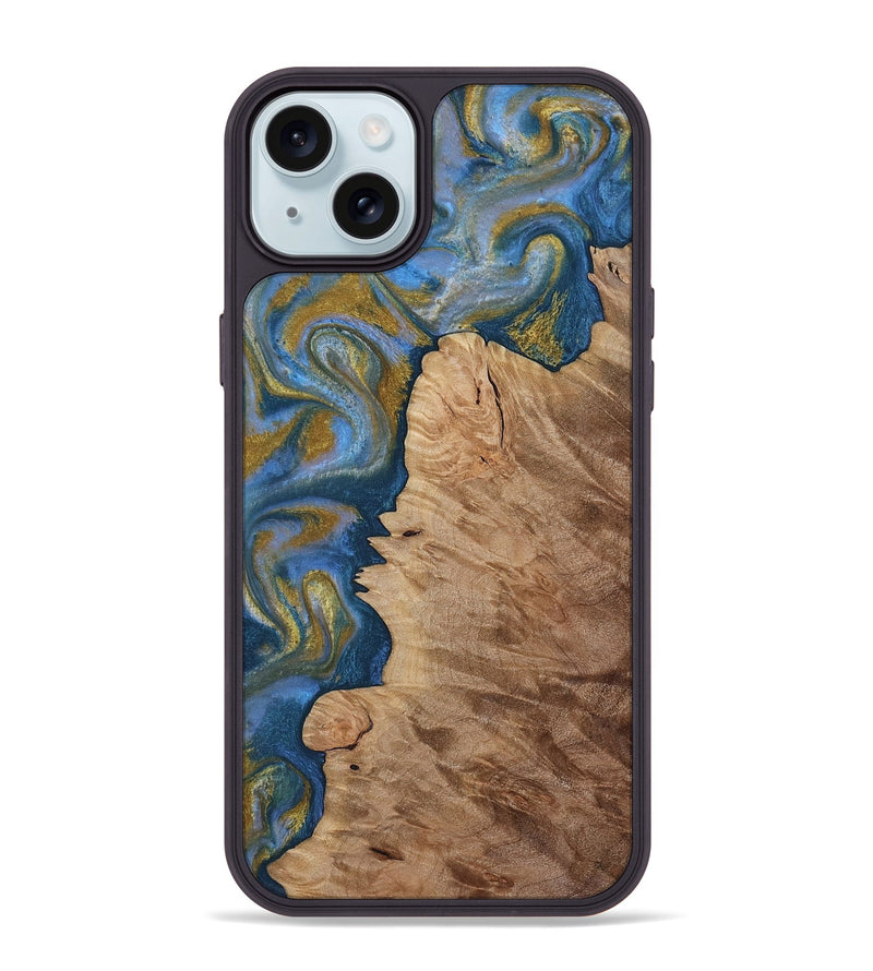 iPhone 15 Plus Wood Phone Case - Hermon (Teal & Gold, 812769)