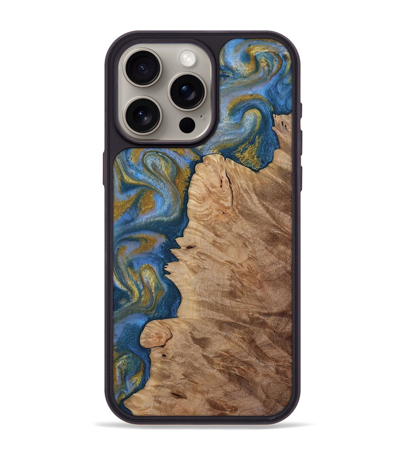 iPhone 15 Pro Max Wood Phone Case - Hermon (Teal & Gold, 812769)