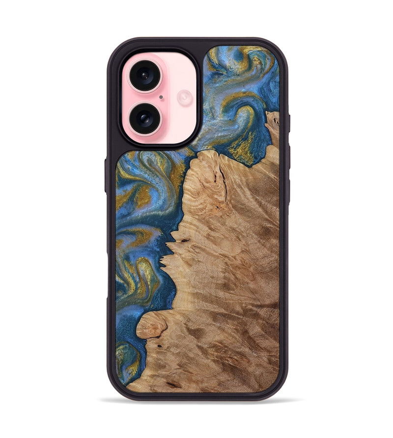 iPhone 16 Wood Phone Case - Hermon (Teal & Gold, 812769)