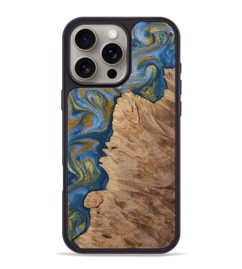 iPhone 16 Pro Max Wood Phone Case - Hermon (Teal & Gold, 812769)