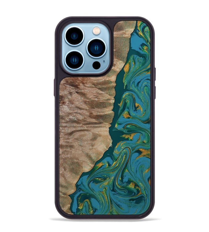 iPhone 14 Pro Max Wood Phone Case - Sondra (Teal & Gold, 812771)