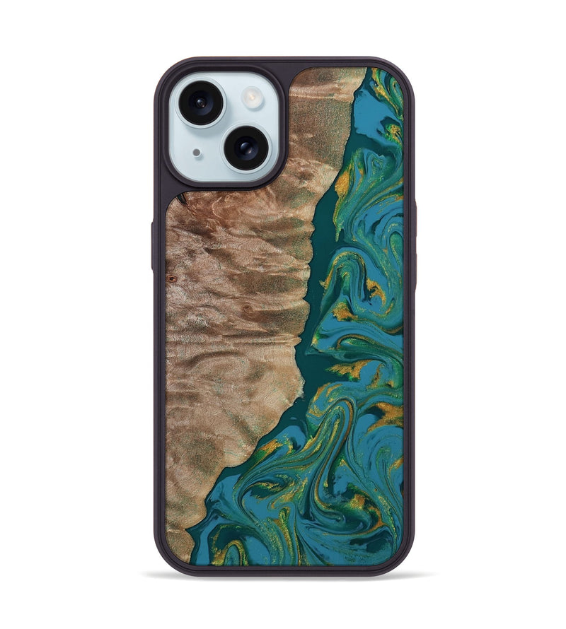 iPhone 15 Wood Phone Case - Sondra (Teal & Gold, 812771)