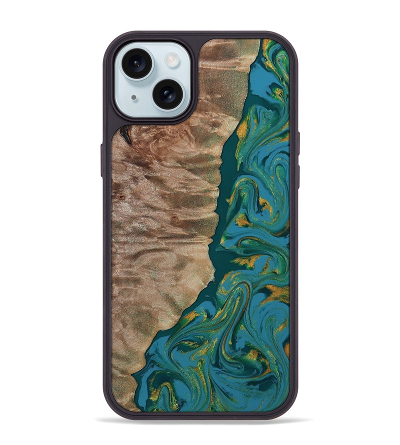 iPhone 15 Plus Wood Phone Case - Sondra (Teal & Gold, 812771)