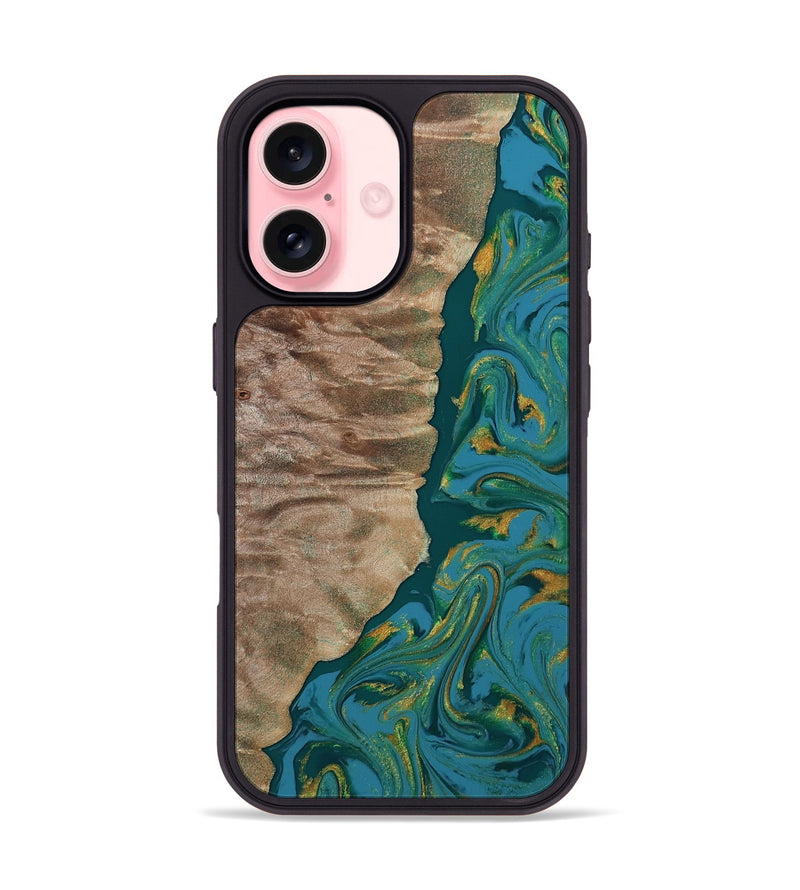 iPhone 16 Wood Phone Case - Sondra (Teal & Gold, 812771)