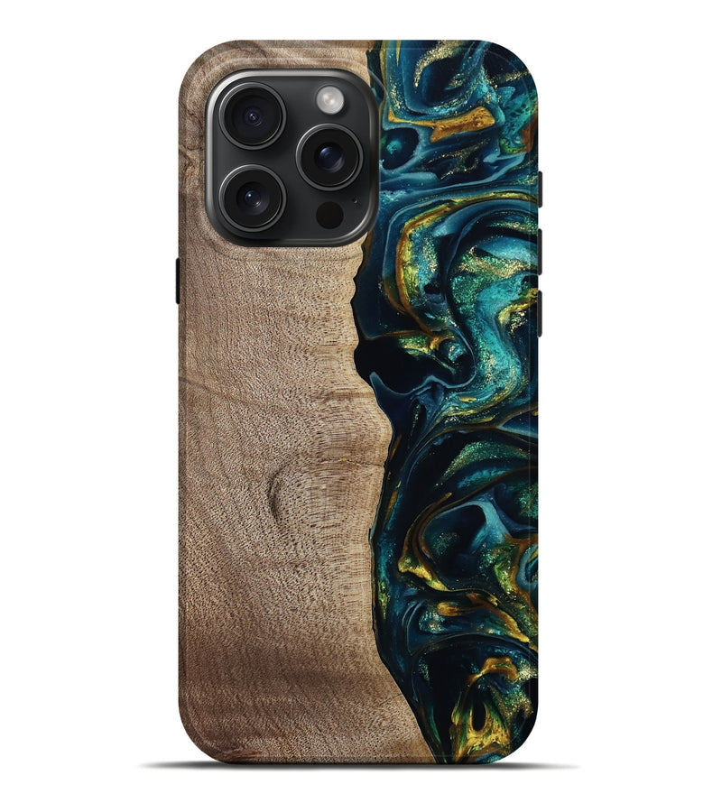 iPhone 16 Pro Max Wood Live Edge Phone Case - Everest (Teal & Gold, 812779)