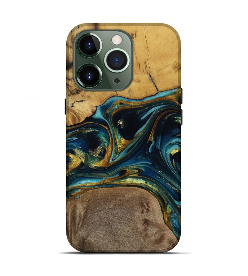 iPhone 13 Pro Wood Live Edge Phone Case - Amayah (Teal & Gold, 812799)