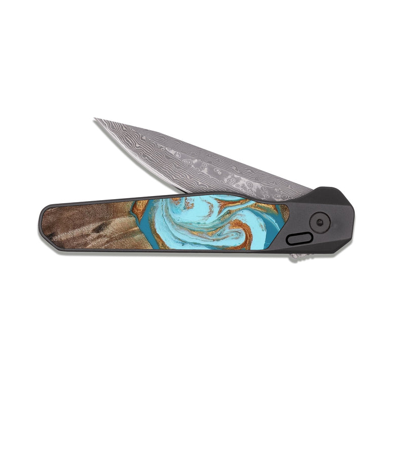 EDC Dark Damascus Wood Pocket Knife - Kyson (Teal & Gold, 812813)