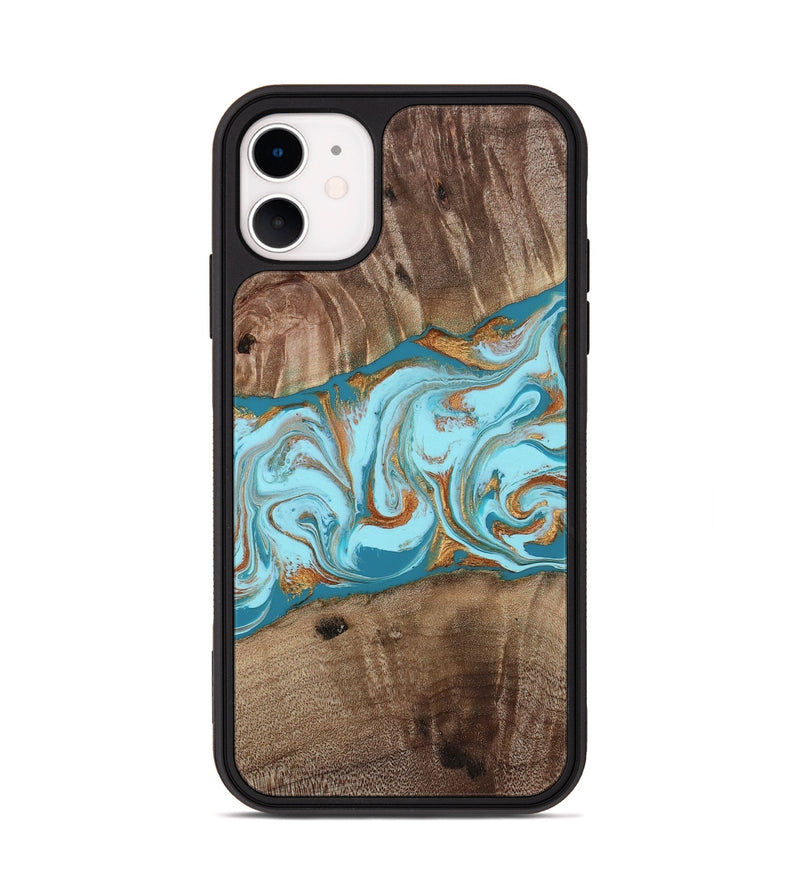 iPhone 11 Wood Phone Case - Kyson (Teal & Gold, 812813)