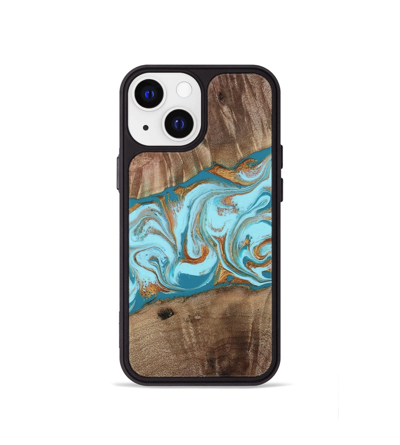 iPhone 13 mini Wood Phone Case - Kyson (Teal & Gold, 812813)