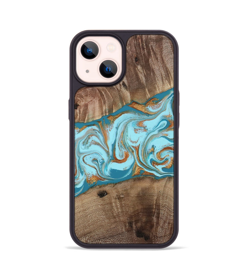 iPhone 14 Wood Phone Case - Kyson (Teal & Gold, 812813)