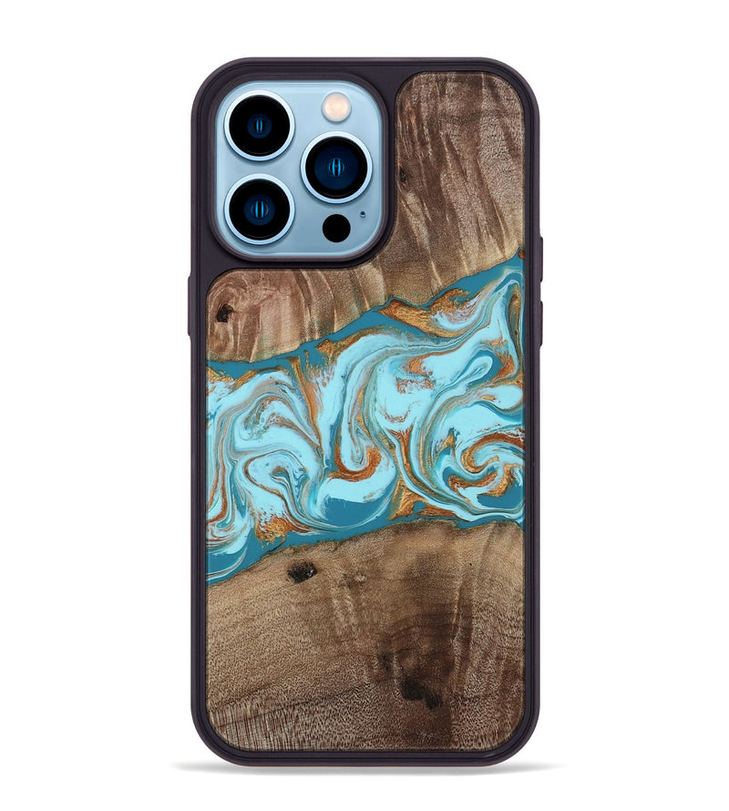 iPhone 14 Pro Max Wood Phone Case - Kyson (Teal & Gold, 812813)