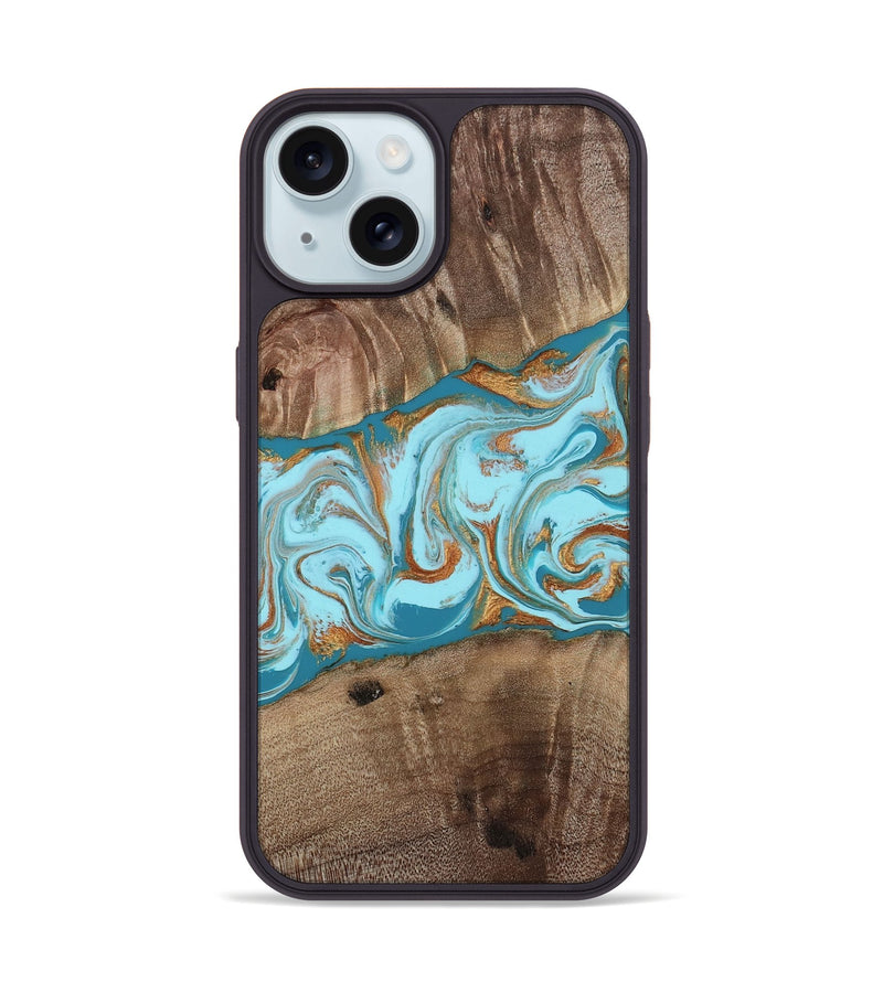 iPhone 15 Wood Phone Case - Kyson (Teal & Gold, 812813)