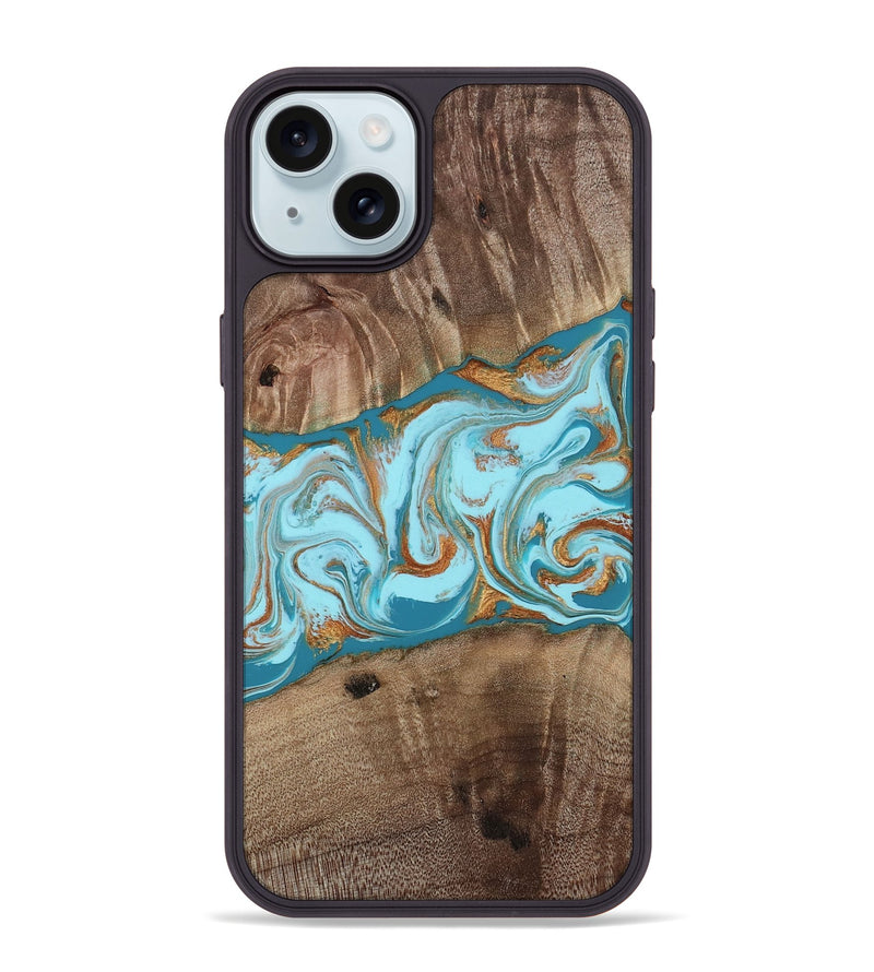 iPhone 15 Plus Wood Phone Case - Kyson (Teal & Gold, 812813)