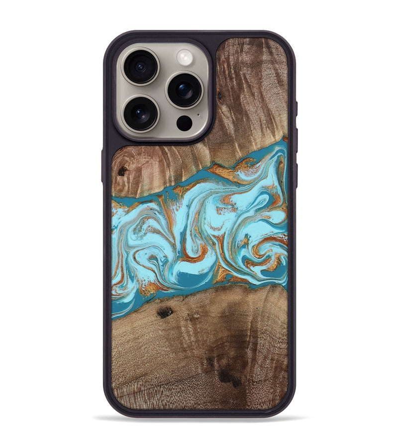 iPhone 15 Pro Max Wood Phone Case - Kyson (Teal & Gold, 812813)