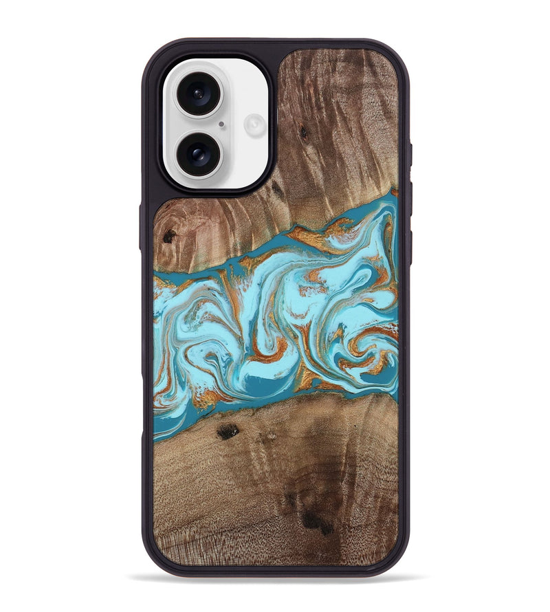 iPhone 16 Plus Wood Phone Case - Kyson (Teal & Gold, 812813)
