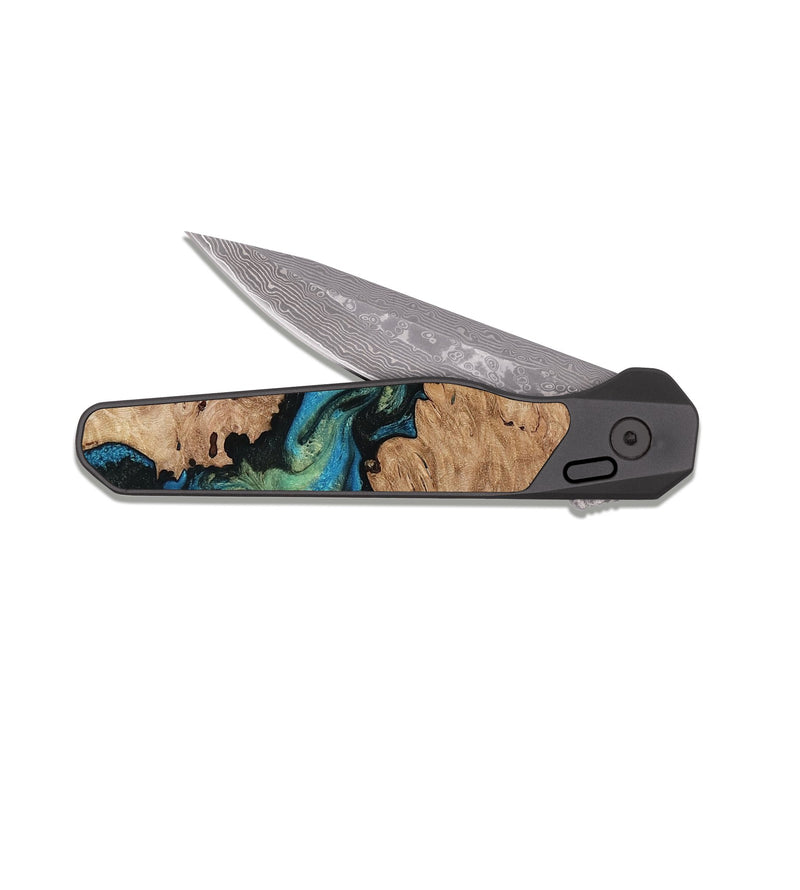 EDC Dark Damascus Wood Pocket Knife - Fabian (Teal & Gold, 812975)